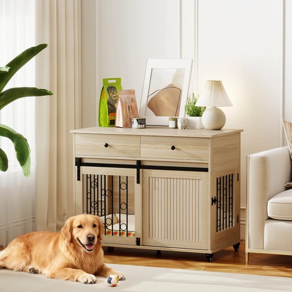 Hundbur - Sidobord - För stora hundar - 2 lådor - 2 dörrar med lås - Melamin/MDF - 100×56×81 cm - Ek