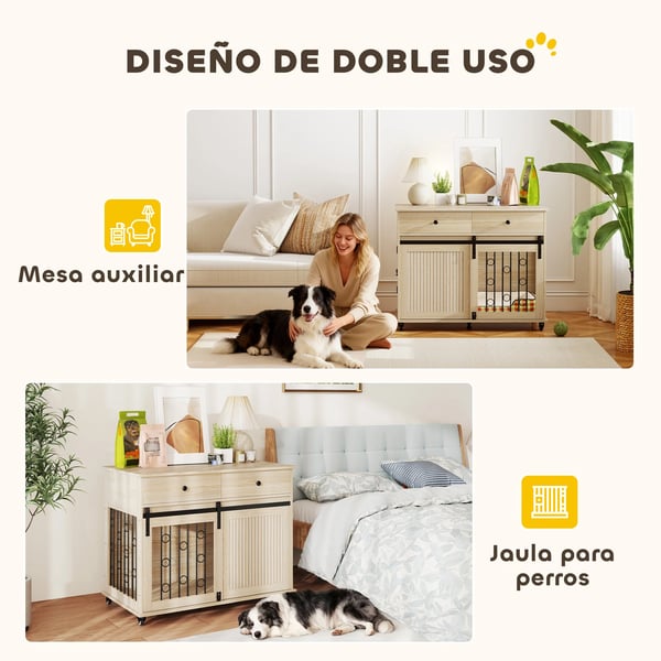 Hundbur - Sidobord - För stora hundar - 2 lådor - 2 dörrar med lås - Melamin/MDF - 100×56×81 cm - Ek