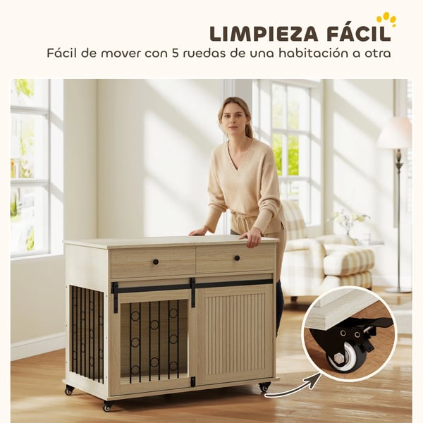 Hundbur - Sidobord - För stora hundar - 2 lådor - 2 dörrar med lås - Melamin/MDF - 100×56×81 cm - Ek