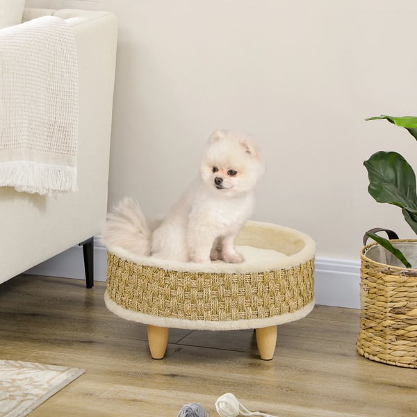 Hundsäng - Rund - Tvättbar Kudde - Plysch - Ram av Spånskiva - Andningsbar - 48 x 48 x 24,5 cm - Beige