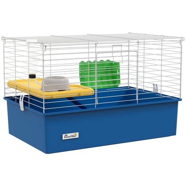 Smådjursbur - Kaninbur/Chinchillabur/Marsvinsbur - 71×46×47 cm - Metall & PP - Bricka & Ramp - Blå/Vit