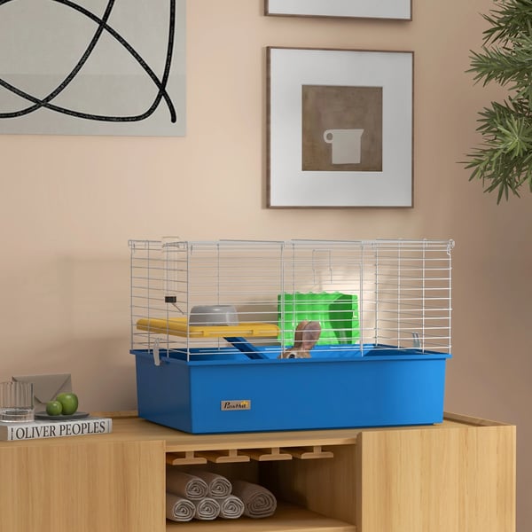 Smådjursbur - Kaninbur/Chinchillabur/Marsvinsbur - 71×46×47 cm - Metall & PP - Bricka & Ramp - Blå/Vit