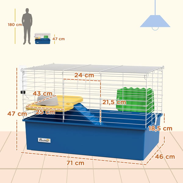 Smådjursbur - Kaninbur/Chinchillabur/Marsvinsbur - 71×46×47 cm - Metall & PP - Bricka & Ramp - Blå/Vit