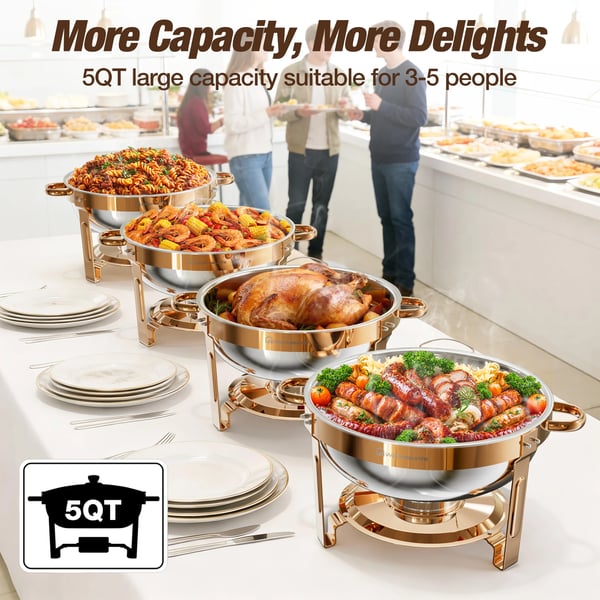 Chafing Dish Buffet Sæt - 4-Pak - 5 QT pr. enhed - Glaslåg - Madvarmer til catering/fest - Sølv