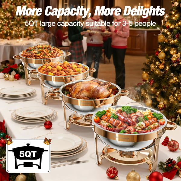 Chafing Dish Buffet Sæt - 4-Pak - 5 QT pr. enhed - Glaslåg - Madvarmer til catering/fest - Sølv