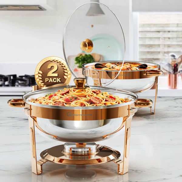 Buffetvarmer - Chafing Dish Sæt 2-pack - Kapacitet 4,7 L - Med Glaslåg - Til Fest & Banket - Brun