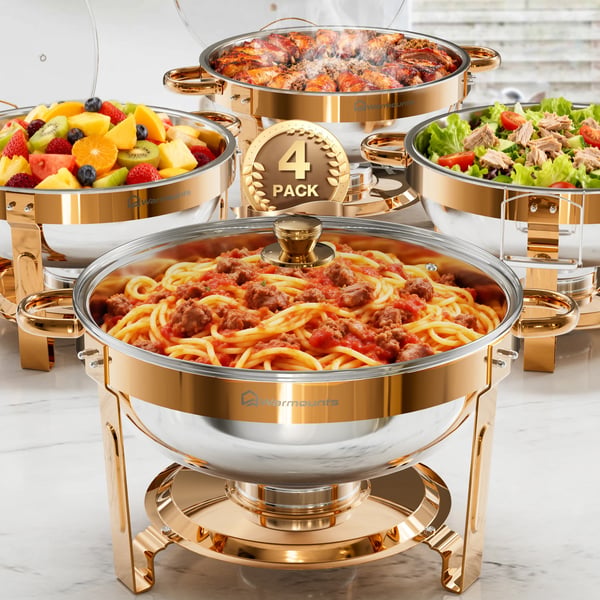 Chafing Dish Buffévärmare - 4-Pack - 5 QT per enhet - Glaslock - Serveringsvärmare för catering/fest - Silver