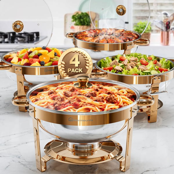 Chafing Dish Buffet Sæt - 4-Pak - 5 QT pr. enhed - Glaslåg - Madvarmer til catering/fest - Sølv