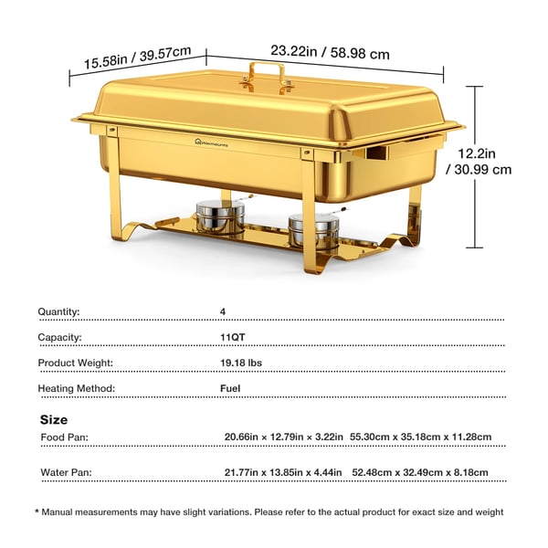 Chafing Dish Buffetvarmer - 4-pak - 10 l - Firkantet - Rustfrit stål 201 - Til buffet, catering, fest - Brun