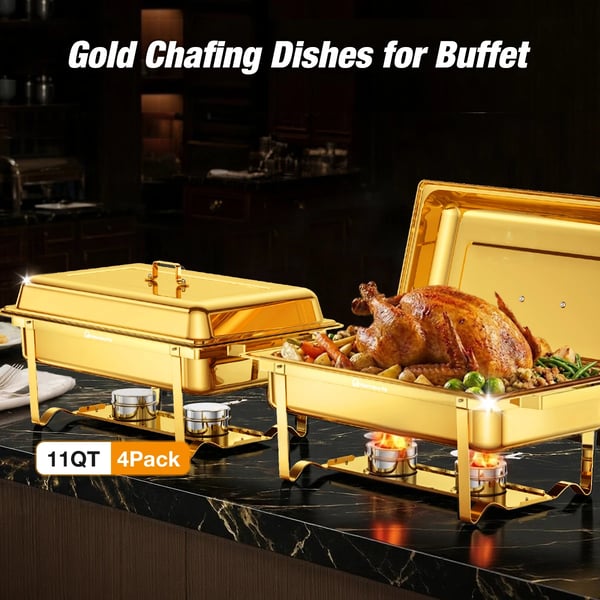 Chafing Dish Buffetvarmer - 4-pak - 10 l - Firkantet - Rustfrit stål 201 - Til buffet, catering, fest - Brun