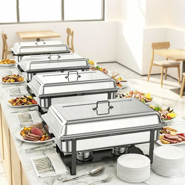 Chafing dish buffetsæt - Madvarmer - 4-pak - 10 l - Rustfrit stål - Bakke i fuld størrelse - Sølv