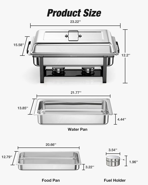 Chafing dish buffetsæt - Madvarmer - 4-pak - 10 l - Rustfrit stål - Bakke i fuld størrelse - Sølv
