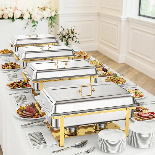 Chafing Dish Buffetsæt - Chafer Buffetvarmer - 4-pak - 10 L - Rustfrit Stål - Fuld størrelse bakke - Brun