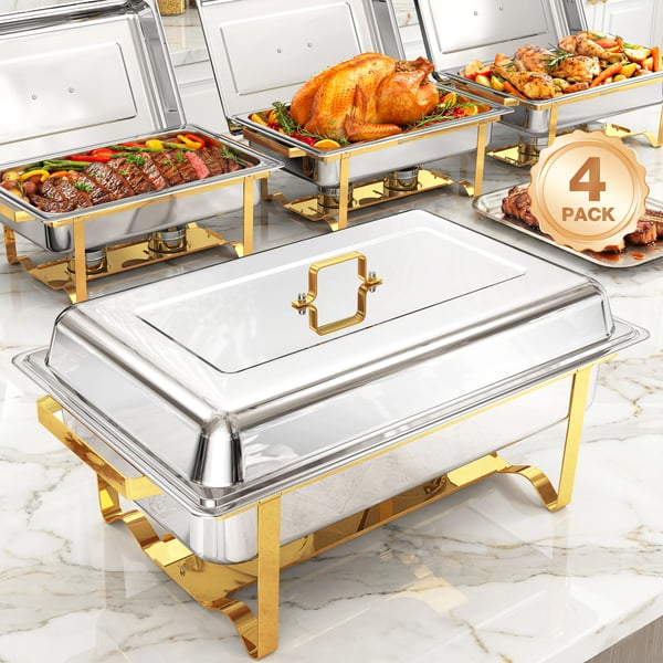 Chafing Dish Buffetsæt - Chafer Buffetvarmer - 4-pak - 10 L - Rustfrit Stål - Fuld størrelse bakke - Brun