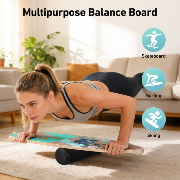 Balance Board - Tasapainolauta aikuisille - Pähkinäpuu - Tasapaino- ja core-harjoittelu - Jalat - Unisex - Surf/Snowboard/Jooga - Sininen
