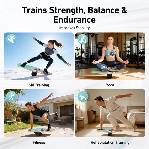 Balance Board - Tasapainolauta aikuisille - Pähkinäpuu - Tasapaino- ja core-harjoittelu - Jalat - Unisex - Surf/Snowboard/Jooga - Sininen