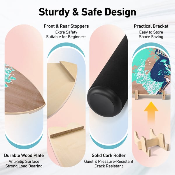 Balance Board - Tasapainolauta aikuisille - Pähkinäpuu - Tasapaino- ja core-harjoittelu - Jalat - Unisex - Surf/Snowboard/Jooga - Sininen
