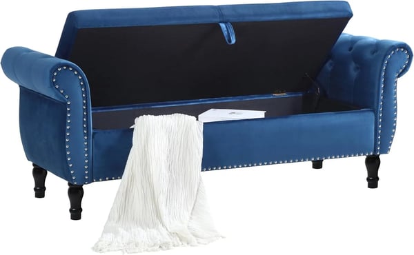 Säilytyspenkki - Verhoiltu ottomaanipenkki - Sametti, Metallirunko, Nostettava kansi, Tuftattu istuin, 133 cm - Sininen