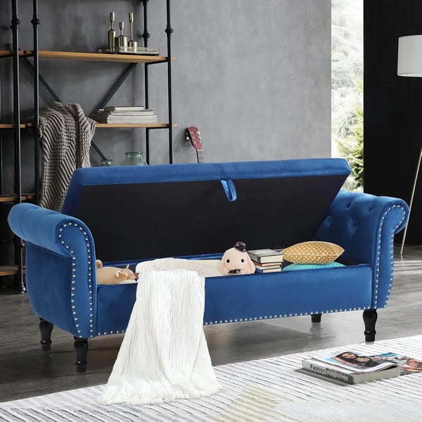 Opbevaringsbænk - Polstret siddebænk ottoman - Velour, Metalramme, Løftelåg, Tuftet sæde, 133 cm - Blå