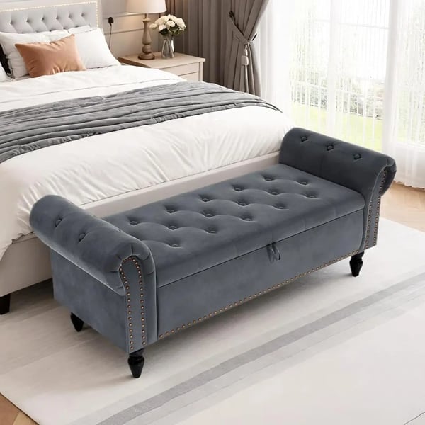 Säilytyspenkki - Samettinen napitettu rahi - Metallirunko - Nostettava kansi - Pehmustettu istuin - 133×53×46 cm - Tummanharmaa