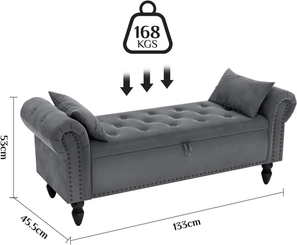 Opbevaringsbænk - Tuftet fløjl-ottoman - Metalramme - Løftelåg - Polstret sæde - 133×53×46 cm - Mørkegrå