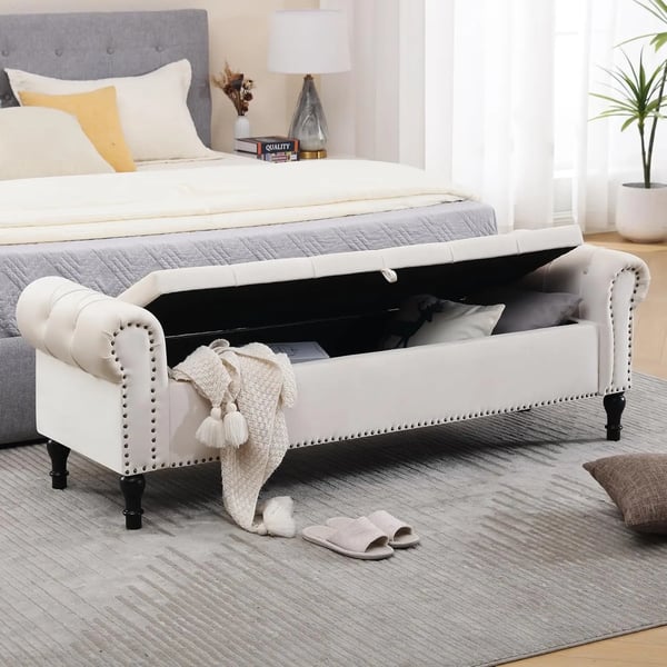 Penkki - Säilytyspenkki/rahi - Metallirunko - Sametti - Avautuva kansi - 133 cm - Pehmustettu istuin - Beige