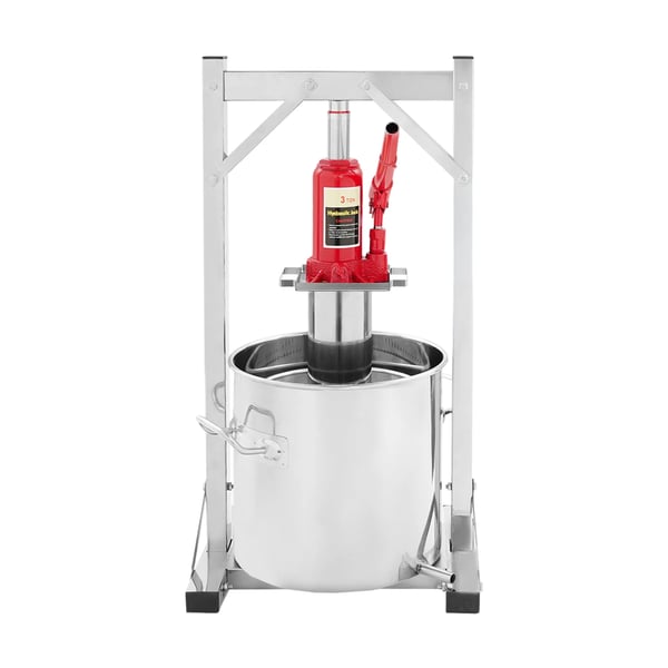 Frugt- og vinpresse - Hydraulisk donkraftpresse, manuel - 3 tons tryk - 6 L inderkurv, 12 L yderbeholder - Rustfrit stål 201/304 - Fritstående