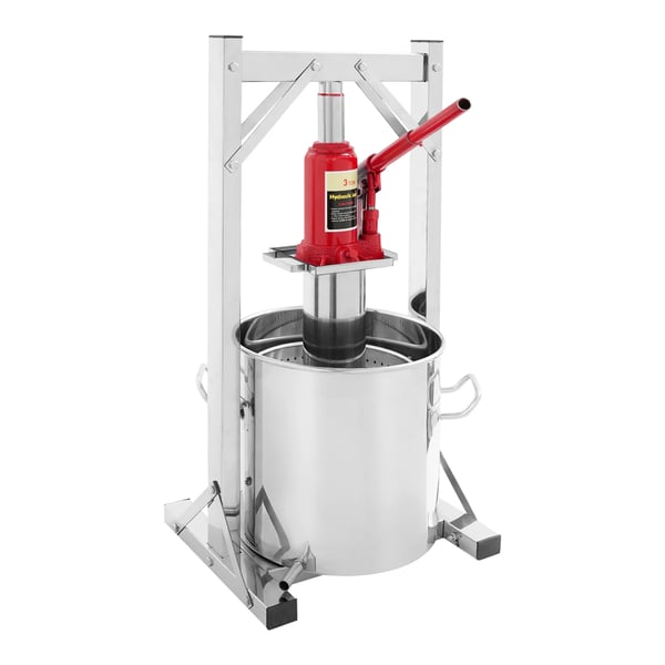 Frugt- og vinpresse - Hydraulisk donkraftpresse, manuel - 3 tons tryk - 6 L inderkurv, 12 L yderbeholder - Rustfrit stål 201/304 - Fritstående