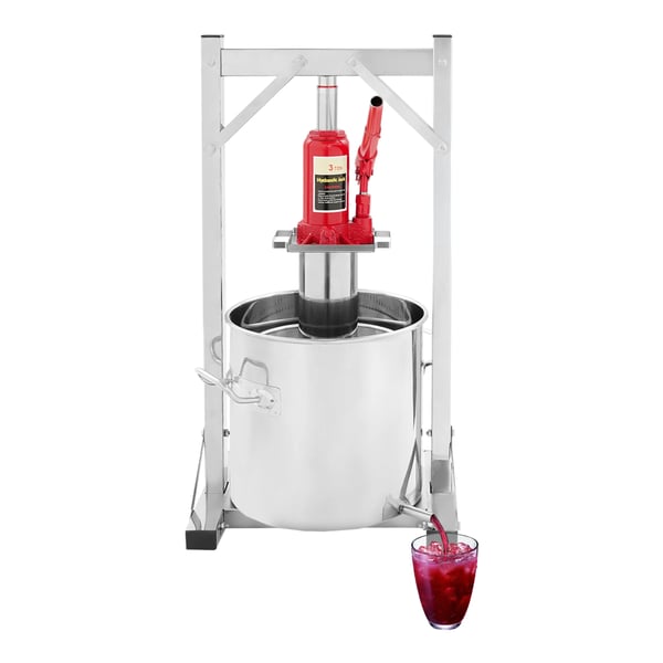 Frugt- og vinpresse - Hydraulisk donkraftpresse, manuel - 3 tons tryk - 6 L inderkurv, 12 L yderbeholder - Rustfrit stål 201/304 - Fritstående