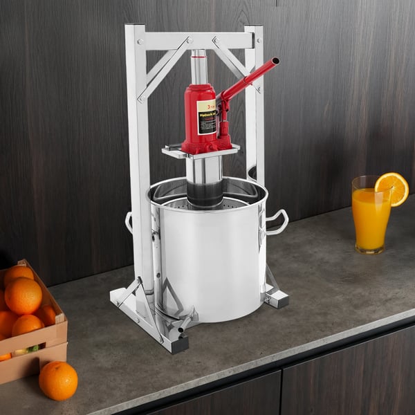 Frugt- og vinpresse - Hydraulisk donkraftpresse, manuel - 3 tons tryk - 6 L inderkurv, 12 L yderbeholder - Rustfrit stål 201/304 - Fritstående