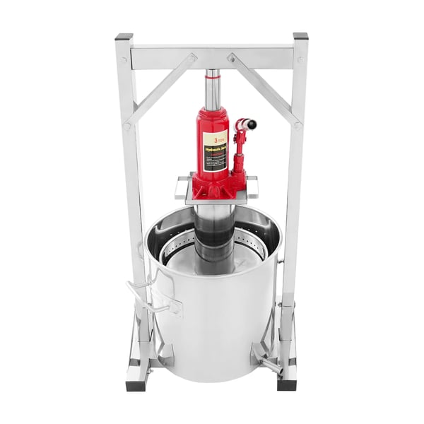 Frugt- og vinpresse - Hydraulisk donkraftpresse, manuel - 3 tons tryk - 6 L inderkurv, 12 L yderbeholder - Rustfrit stål 201/304 - Fritstående