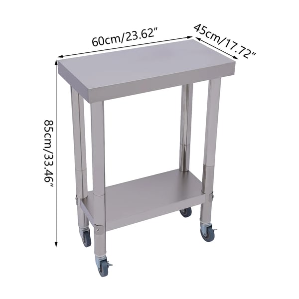 Køkkenarbejdsbord - Bord med hjul - Rustfrit stål 201 - 2 hylder - 60×45×85 cm - Til storkøkken - Sølv