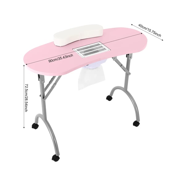 Neglebord - Sammenklappeligt Manicurebord - Bærbar - Med hjul - Håndledspude - Støvudsug 220–240 V - 90×40×72,5 cm - Bæreevne 30 kg - Pink