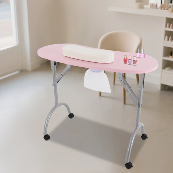 Neglebord - Sammenklappeligt Manicurebord - Bærbar - Med hjul - Håndledspude - Støvudsug 220–240 V - 90×40×72,5 cm - Bæreevne 30 kg - Pink