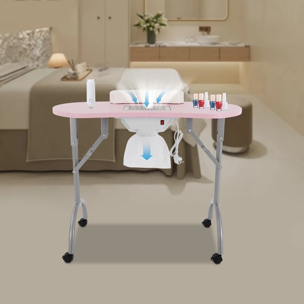 Neglebord - Sammenklappeligt Manicurebord - Bærbar - Med hjul - Håndledspude - Støvudsug 220–240 V - 90×40×72,5 cm - Bæreevne 30 kg - Pink