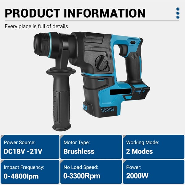 Børsteløs batteridrevet borehammer - Rotationshammer - Boring & mejsling - 4800 omdr./min - 3300 W - 21 V - Uden batteri - Brun
