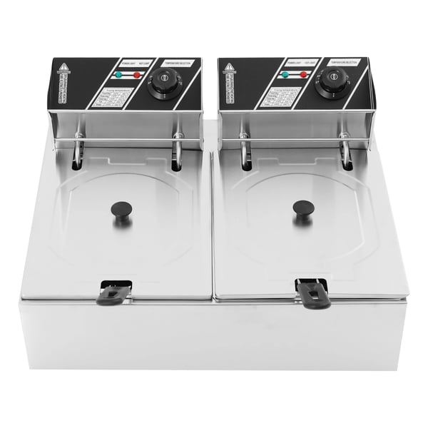 Kommerciel Dobbelt Friturekoger - 2 Kar - 5 kW - 201 Rustfrit Stål - Uafhængig Temperaturstyring - 60–200 °C - EU-Stik 220–240 V - Lysegrå