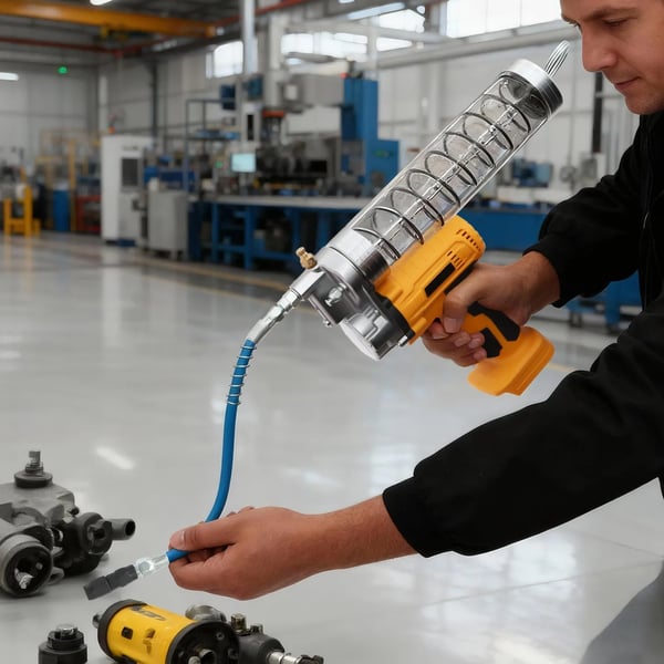 Fedtpistol - Elektrisk Batteridrevet - Tryk 8000 PSI - Flow 60 l/min - Kapacitet 900 cc - Slange 10000 PSI - Li‑ion 21/24 V (uden batteri) - Gul