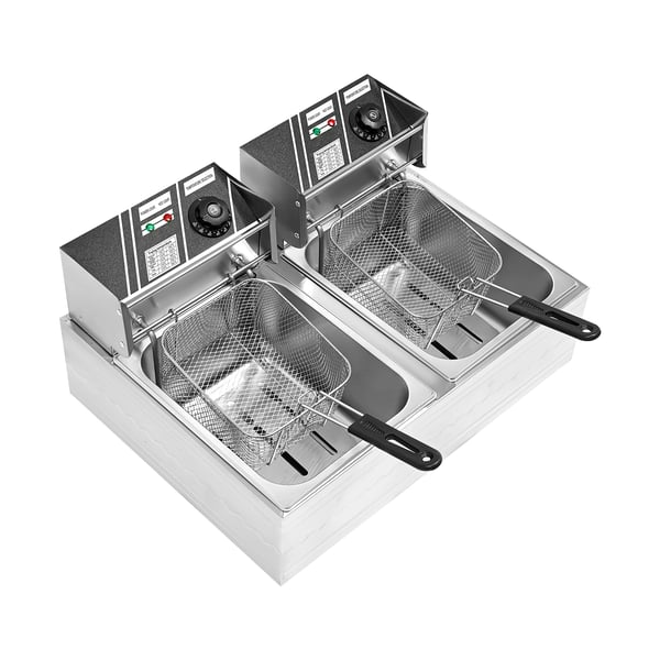 Kommerciel dobbelt frituregryde - EF-82 - Kapacitet 2×6 L - Justerbar 60–200 °C - EU-stik 220 V - IPX3 Vandbeskyttelse - Rustfrit stål 410/201