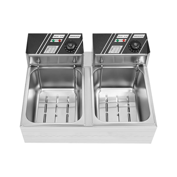 Kommerciel dobbelt frituregryde - EF-82 - Kapacitet 2×6 L - Justerbar 60–200 °C - EU-stik 220 V - IPX3 Vandbeskyttelse - Rustfrit stål 410/201