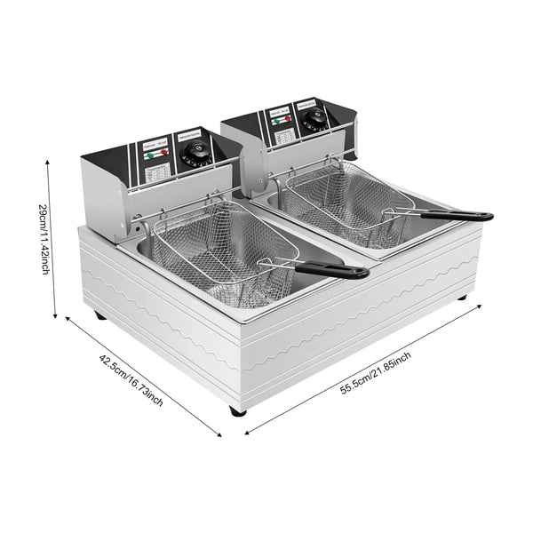 Kommerciel dobbelt frituregryde - EF-82 - Kapacitet 2×6 L - Justerbar 60–200 °C - EU-stik 220 V - IPX3 Vandbeskyttelse - Rustfrit stål 410/201