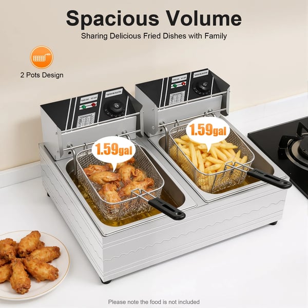 Kommerciel dobbelt frituregryde - EF-82 - Kapacitet 2×6 L - Justerbar 60–200 °C - EU-stik 220 V - IPX3 Vandbeskyttelse - Rustfrit stål 410/201