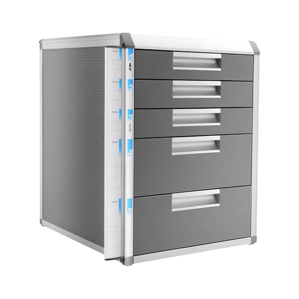Dokumentopbevaring - Skrivebordsskuffe - 5 Skuffer - Aluminium - Størrelse 35×31,5×40,5 cm - Uden Hjul - Max 10 kg - Lysegrå