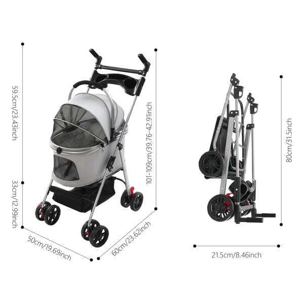 Kæledyrsklapvogn - Sammenklappelig hunde- & kattevogn - 12 kg - 2 svingbare + 2 retningshjul m. bremse - 180° håndtag - Aluminium + oxfordstof - Grå