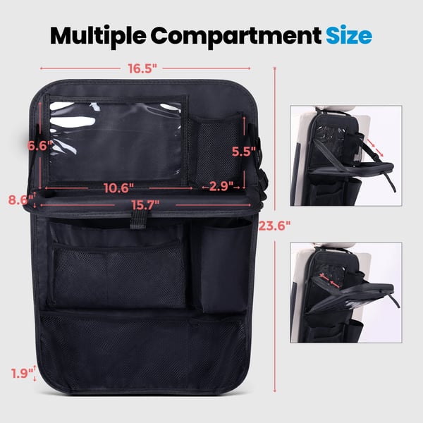 Opbevaringspose til Sæderyg - Bagsæde Organizer - 2 Stk - Stor Kapacitet - Mange Lommer - Foldbart Bord & Tabletholder - Hængende - Sort