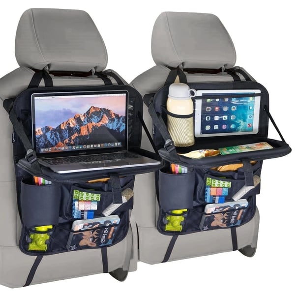 Opbevaringspose til Sæderyg - Bagsæde Organizer - 2 Stk - Stor Kapacitet - Mange Lommer - Foldbart Bord & Tabletholder - Hængende - Sort