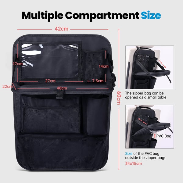 Opbevaringspose til Sæderyg - Bagsæde Organizer - 2 Stk - Stor Kapacitet - Mange Lommer - Foldbart Bord & Tabletholder - Hængende - Sort