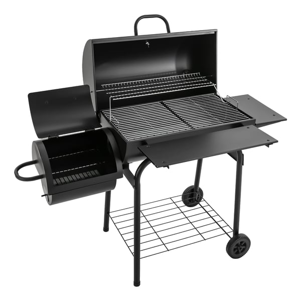 Udendørs kulgrill - Vognmodel BBQ - Med låg - Brændsel: kul - Forkromet grillrist 39×34 cm - 147×70×126 cm - Sort