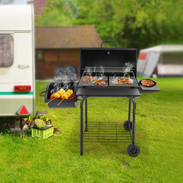 Udendørs kulgrill - Vognmodel BBQ - Med låg - Brændsel: kul - Forkromet grillrist 39×34 cm - 147×70×126 cm - Sort