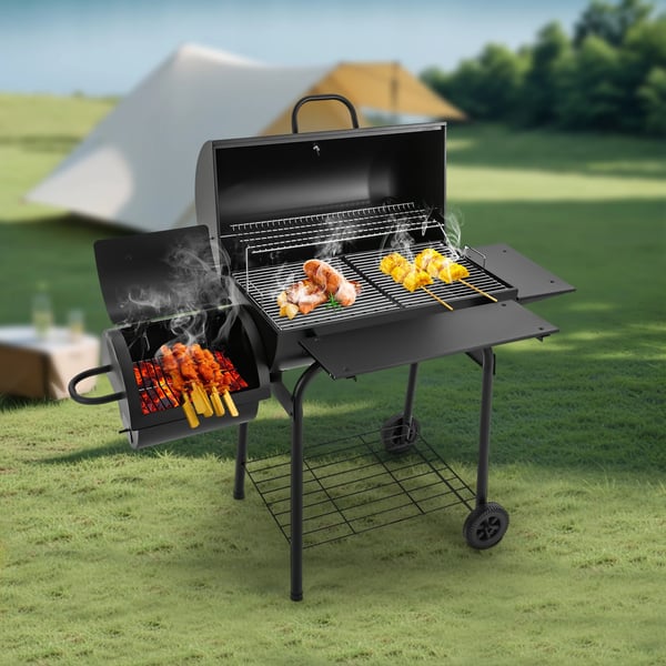Udendørs kulgrill - Vognmodel BBQ - Med låg - Brændsel: kul - Forkromet grillrist 39×34 cm - 147×70×126 cm - Sort